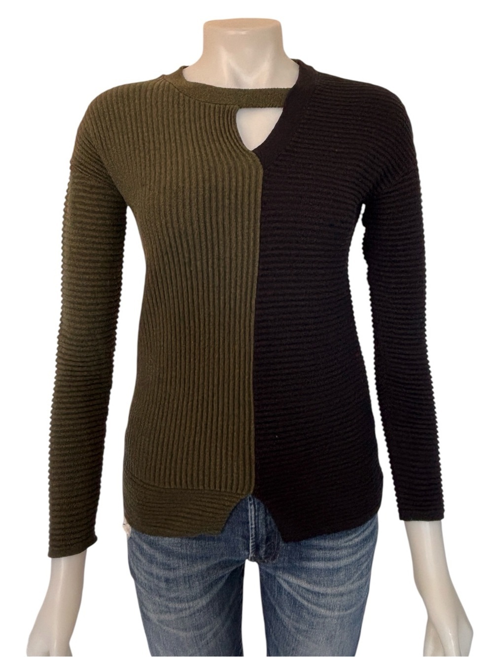 Lisa Todd Cotton Cashmere Colour Block Ribbed Knit Sweater Cut Out Detail Size S